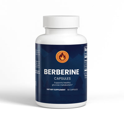 Bottle of Berberine capsules with a blue label on a white background