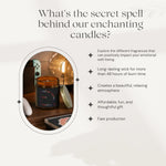Promotional graphic for candles with the headline 'What's the secret spell behind our enchanting candles?' and a circular inset photo of an amber glass candle jar on a wooden surface. Text on the right lists benefits such as exploring different fragrances, long-lasting wick, relaxing atmosphere, and gift appeal.