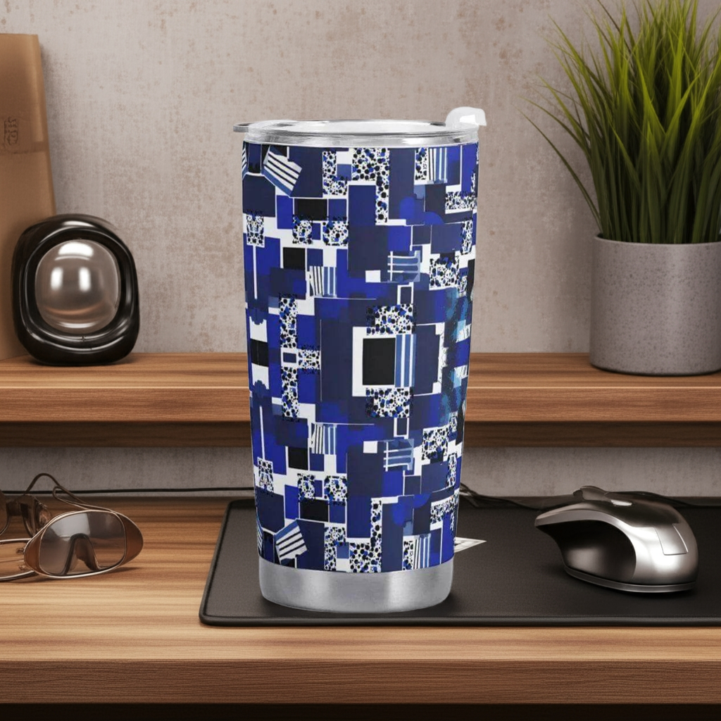 Personalized Blue Matrix Abstract Travel Tumbler - Desktop Lifestyle | Our Phoenix Rise