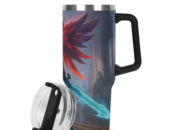 Travel mug with a colorful design on a white background