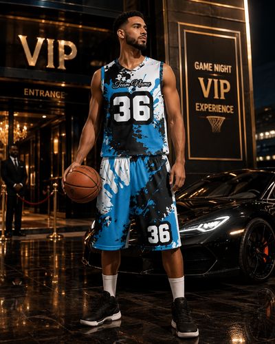Blue Black Paint Splatter Basketball Jersey Set S-4XL - front view | Our Phoenix Rise