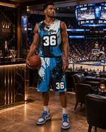 Blue Black Paint Splatter Basketball Jersey Set S-4XL - close up | Our Phoenix Rise