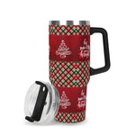 Christmas-themed travel mug with plaid pattern and text on a white background