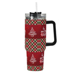 Christmas-themed tumbler with plaid design and text on a white background