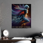 Colorful abstract artwork on a wall above a desk with stationery items.