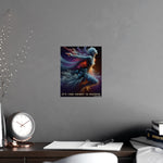 Colorful abstract artwork on a gray wall above a desk with stationery items.