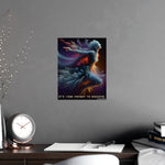 Colorful artwork of a woman with wings on a gray wall above a desk.