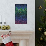 Colorful geometric triangle pattern on a wall above a fireplace with Christmas decorations.