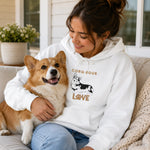 Corgi Love Graphic Hoodie - White with Woman and Corgi | Our Phoenix Rise