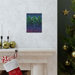 Decorative Christmas scene with a mantelpiece, stockings, and a Christmas tree.