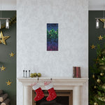 Decorative Christmas scene with stockings, tree, and wall art on a white wall.