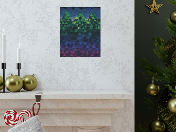 Decorative abstract art piece on a wall with Christmas decor including a tree, stockings, and candles.