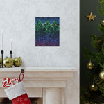 Decorative abstract art piece on a wall with Christmas decor including a tree, stockings, and candles.