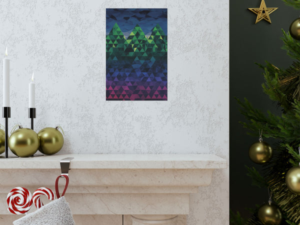 Decorative abstract painting on a wall above a fireplace with Christmas stockings and tree.