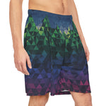 Multicolored geometric patterned shorts on a white background