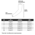 Galaxy Arm sleeve Measurement chart for arm sleeves with labeled parts and size chart.