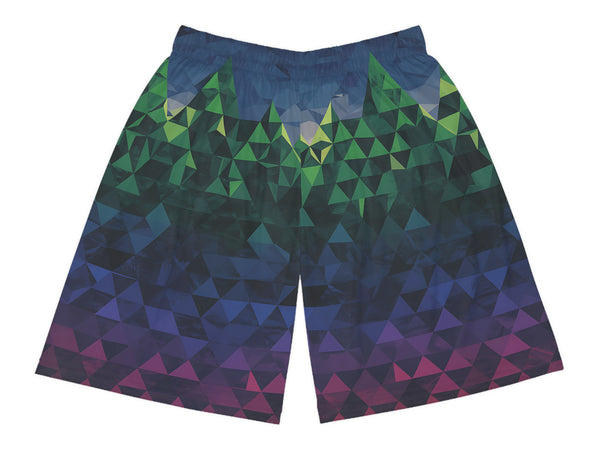 Geometric patterned shorts with a gradient of blue, green, and purple on a white background