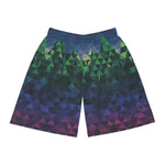 Geometric patterned shorts with a gradient of blue, green, and purple on a white background