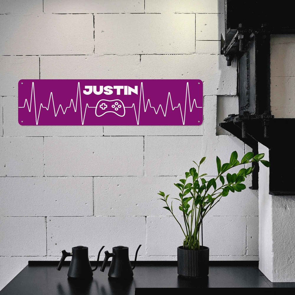 Custom Gamer Heartbeat Metal Wall Sign | Purple (16" x 4")
