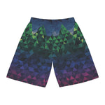 Geometric patterned shorts on a white background