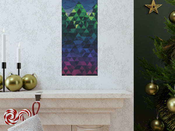 Geometric abstract art piece on a wall above a fireplace with Christmas decorations.