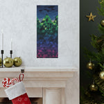 Geometric abstract art piece on a wall above a fireplace with Christmas decorations.