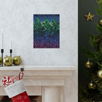 Geometric abstract art piece on a wall with Christmas decor including a tree, stockings, and candles.