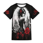 Gothic Rose Graphic T-Shirt - Front view with 'Kelly' sleeve design | Our Phoenix Rise