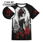 Gothic Rose Graphic T-Shirt - Front view with customizable sleeve logo | Our Phoenix Rise