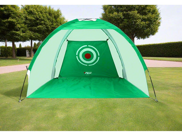 Green golf practice net with dimensions on a white background