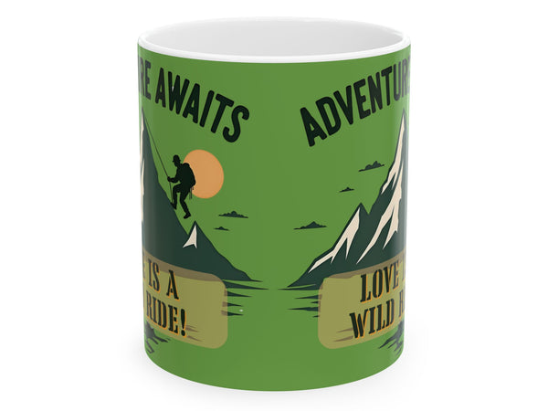Green mug with outdoor-themed design and text on a white background