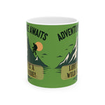 Green mug with outdoor-themed design and text on a white background