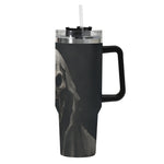 Grim Reaper 40oz Tumbler Black insulated tumbler with a handle featuring a skull design on a white background