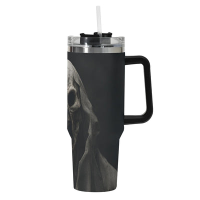 Grim Reaper 40oz Tumbler Black insulated tumbler with a handle featuring a skull design on a white background