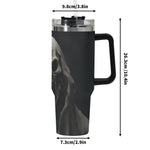 Grim Reaper 40oz Tumbler Black travel mug with measurements on a white background