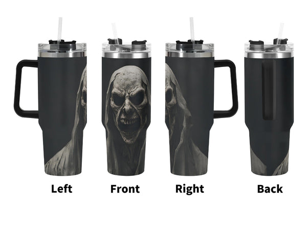 Grim Reaper 40oz Tumbler Black tumbler with a ghostly figure design on a white background