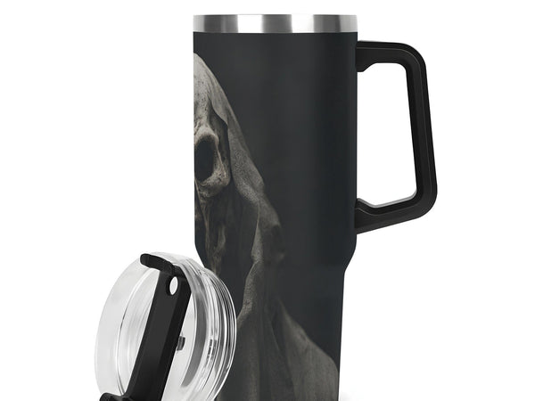 Grim Reaper 40oz Tumbler travel mug with a handle and clear lid on a white background