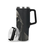 Grim Reaper 40oz Tumbler travel mug with a handle and clear lid on a white background