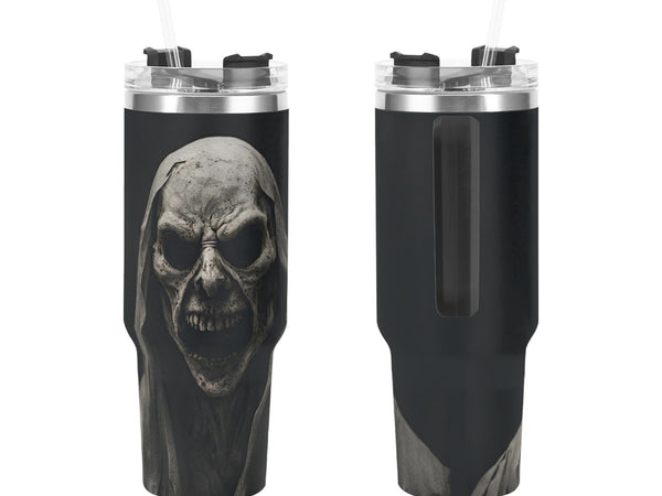 Grim Reaper 40oz Tumbler tumblers with a skull design on a white background