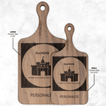 Own a Castle Personalized Gamer Cutting Board - Walnut Handled Paddle Size Options | Our Phoenix Rise