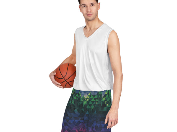 Man holding a basketball wearing a white sleeveless shirt and colorful shorts on a white background