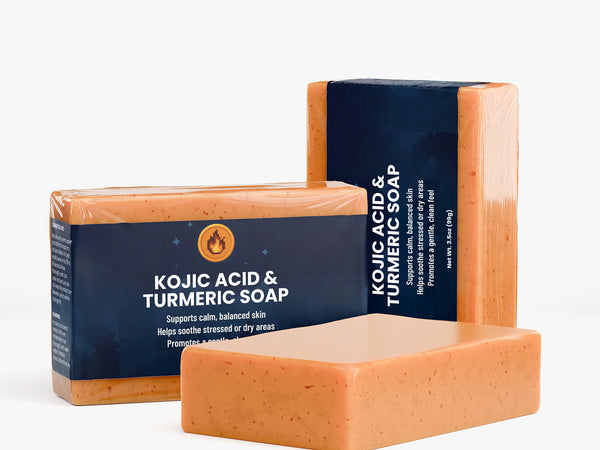 Kojic Acid & Turmeric Soap with packaging on a white background
