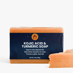 Kojic acid and turmeric soap bar with packaging on a white background