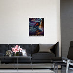 Living room with a dark gray sofa, coffee table, and wall art.
