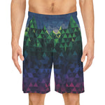 Multicolored geometric triangle patterned shorts on a white background