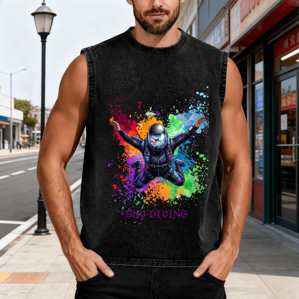 Sleeveless Muscle Tank with Vintage Washed Sky Diver Design - Unisex Fit