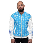 Man wearing a light blue varsity-style jacket with white sleeves and a snowflake pattern on the front.