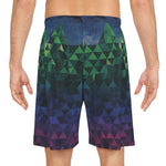 Multicolored geometric patterned shorts on a white background