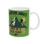 Mug with mountain and text design on a green background