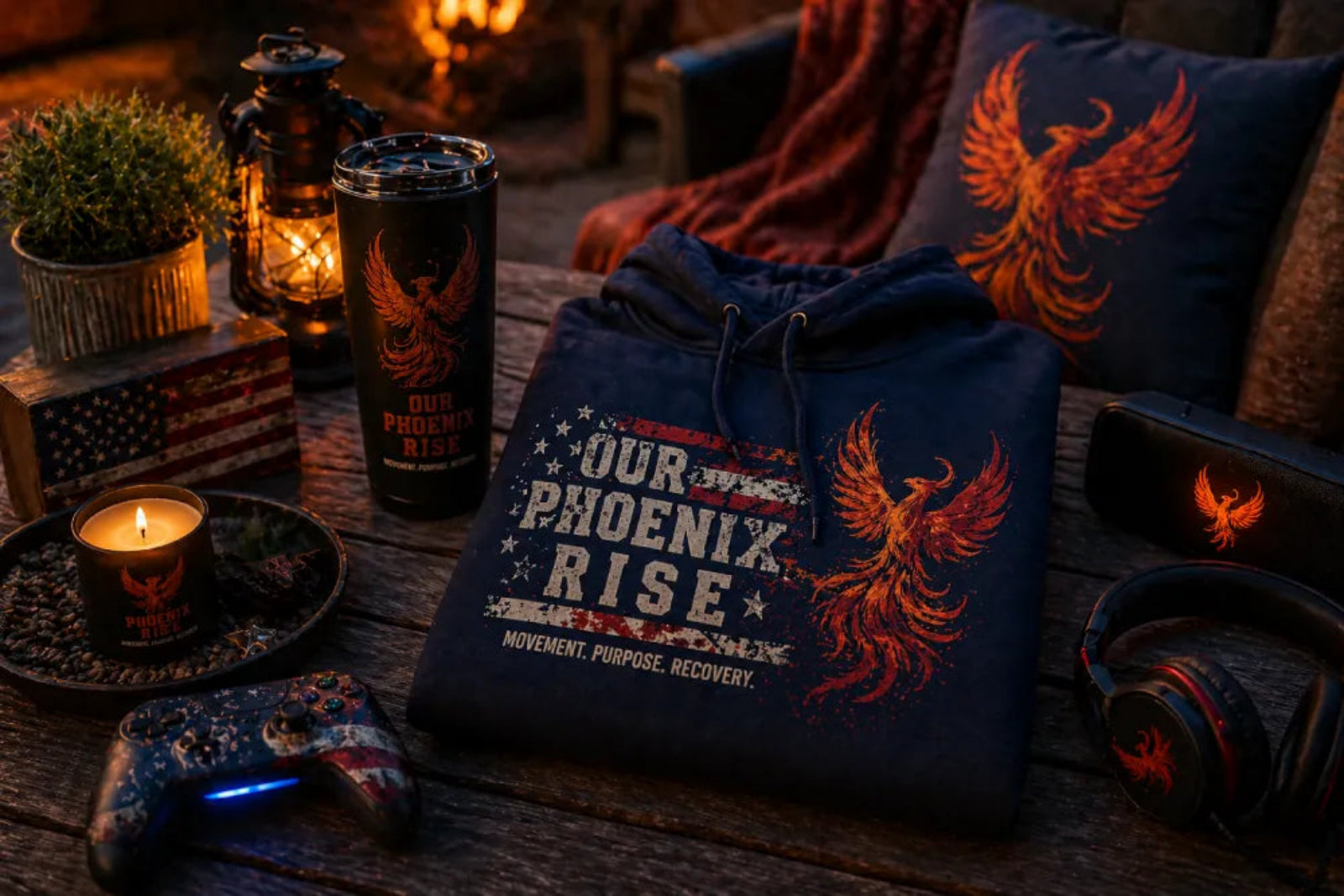Navy hoodie with phoenix design on a wooden table with candles and decor.